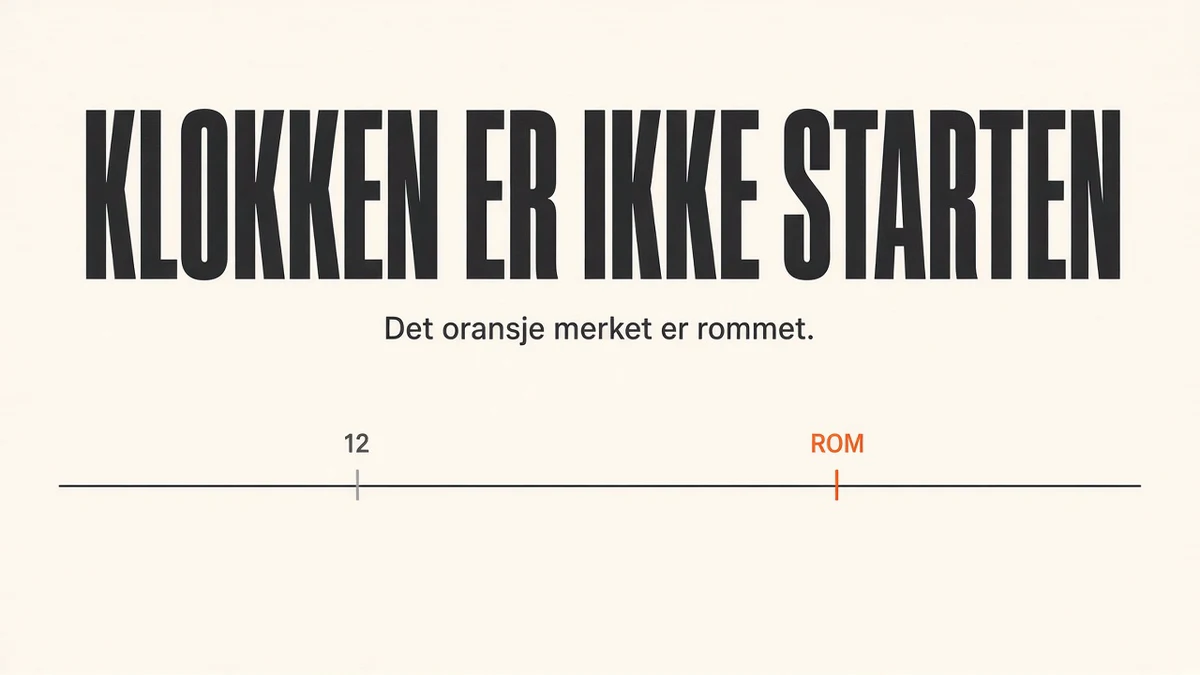 Diagram av én tidslinje med et blekt merke ved 12 og et oransje merke senere merket rom, under overskriften «Klokken er ikke starten».