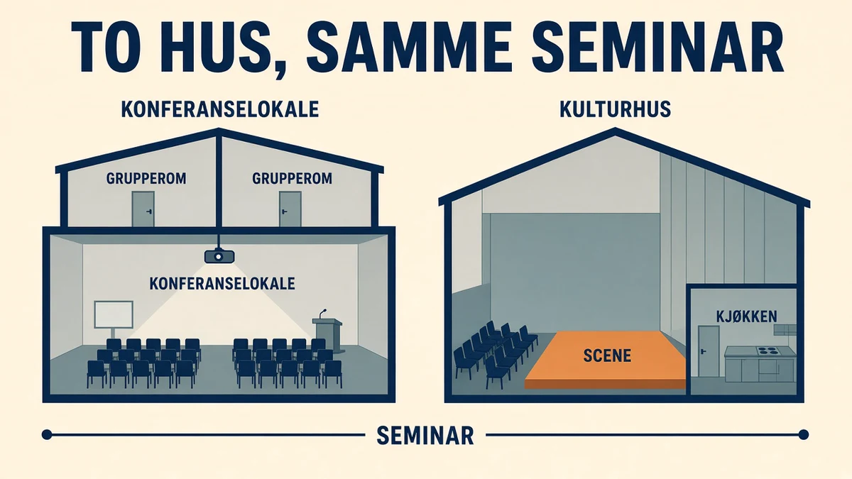 Infografikk: to bygningssnitt på kremfarget bakgrunn, konferanselokale med sal, prosjektor og to grupperom, kulturhus med høy sal, oransje scene og kjøkken, felles linje merket seminar. Overskrift «TO HUS, SAMME SEMINAR».