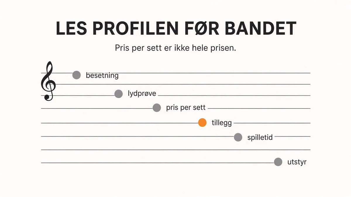 Fem notelinjer med seks runde merker i stedet for noter: besetning, lydprøve, pris per sett, tillegg, spilletid og utstyr. Bare tillegg er oransje. Overskrift «LES PROFILEN FØR BANDET».
