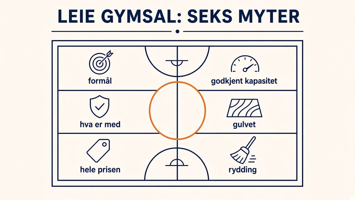 Krem infografikk av en gymsal sett ovenfra med banelinjer og oransje midtsirkel, delt i seks felt: formål, godkjent kapasitet, hva er med, gulvet, hele prisen og rydding, under overskriften Leie gymsal: seks myter.