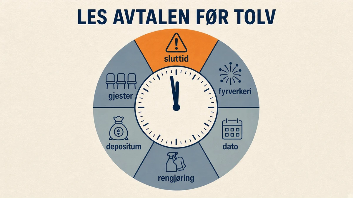 Infografikk på kremfarget bakgrunn: en veggklokke med viserne på tolv, omgitt av seks felt merket sluttid, fyrverkeri, dato, rengjøring, depositum og gjester. Feltet sluttid er oransje med en varseltrekant. Overskrift «LES AVTALEN FØR TOLV».