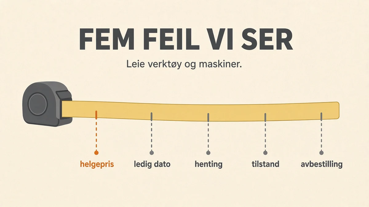 Målebånd rullet ut vannrett på kremfarget bakgrunn med fem hakk merket helgepris, ledig dato, henting, tilstand og avbestilling. Bare helgepris er oransje. Overskrift «FEM FEIL VI SER».