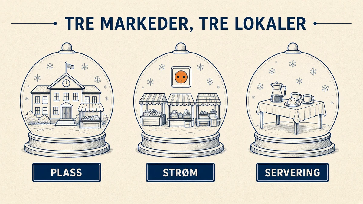 Infografikk på kremfarget bakgrunn: tre snøkuler på rad med en skole og en bod, en rad med boder og en oransje stikkontakt, og et bord med kanne og kopper, på sokler merket plass, strøm og servering. Overskrift «TRE MARKEDER, TRE LOKALER».