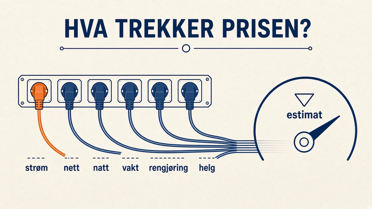 Infografikk på kremfarget bakgrunn: et grenuttak med seks plugger merket strøm, nett, natt, vakt, rengjøring og helg, der strøm er oransje. Ledningene går til en måler uten tall med nålen ved estimat. Overskrift «HVA TREKKER PRISEN?».